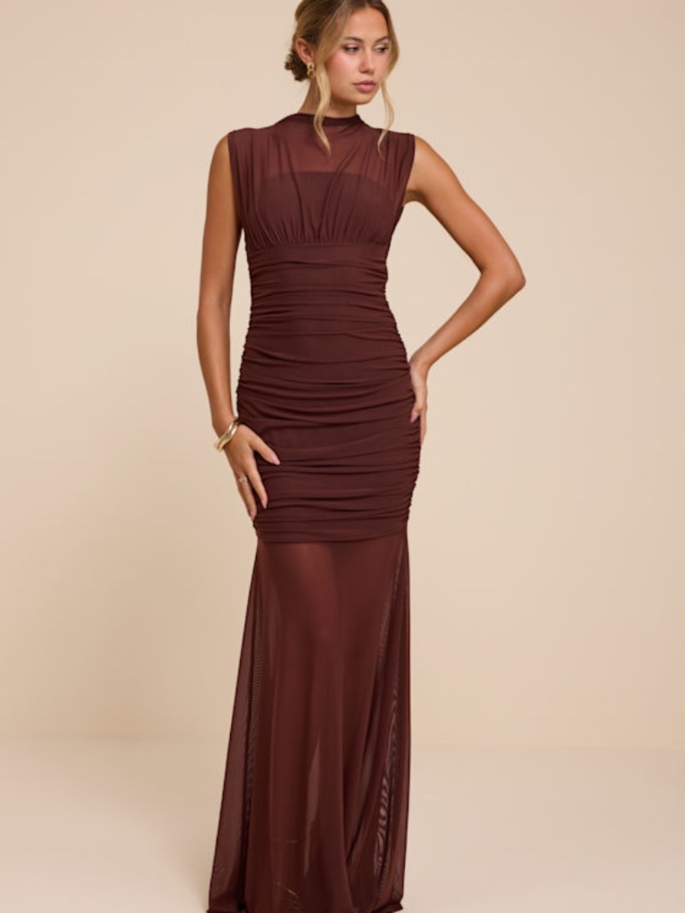 Lulus Montecito Brown Mesh Trumpet Maxi Dress - Size M